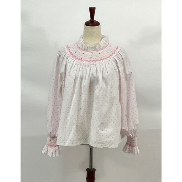 HUNTER BELL Sz M Medium Pink White Dot Smocked Hayes Blouse Shirt - Picture 8 of 10